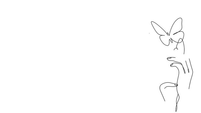 Animation of one line drawing woman with butterfly line art. Female abstract face butterfly botany portrait minimalistic concept. 4k stock video of a developing with alpha channel.