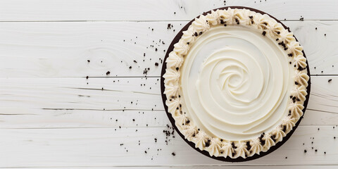 Round frosted buttercream simple cake in black white on wood table for party products and mock up,...