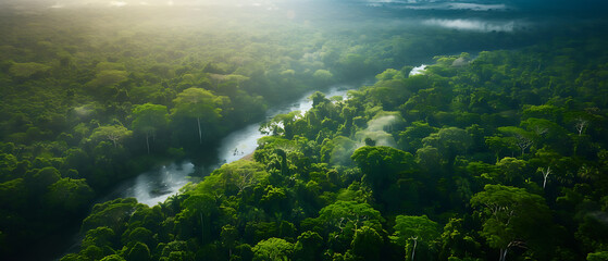 Fototapeta na wymiar A breathtaking landscape of the Amazon jungle, featuring towering trees, lush vegetation, winding rivers, and a diverse array of wildlife