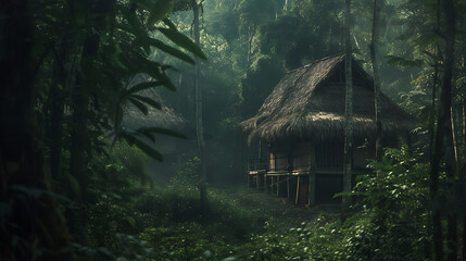 A remote indigenous village nestled deep within the lush jungle, surrounded by towering trees, dense foliage