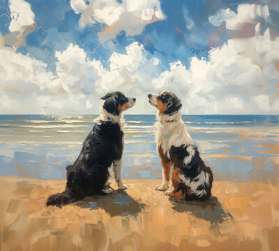 Two dogs on the beach, artwork, oil on canvas
