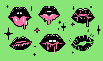 Trendy patch icons with black lips on green background. Set of stickers, pins, patches in cartoon gothic spooky style.