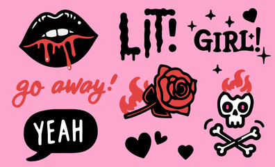 Trendy girlish gothic stickers with lips, hearts and handwritten motivational short phrases. Set of vector simple illustrations in cartoon style of 80s - 90s on pink background.