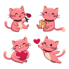 Urocze różowe kotki z sercem, różą i prezentem na walentynki. Elementy do zastosowania na kartkach, plakatach, życzeniach, tagach i innych - obrazy, fototapety, plakaty