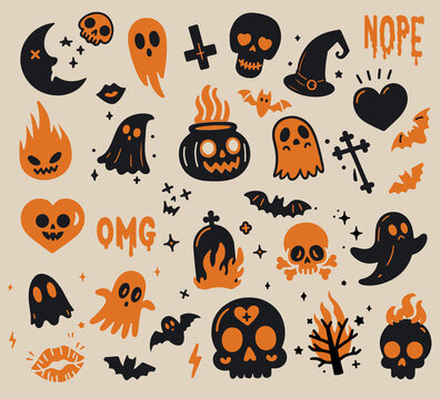 Set of spooky stickers with skulls, witch hat, crosses, pumpkins and ghosts. Creepy halloween illustrations for stickers and patches.