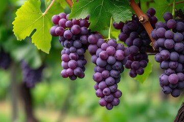 A bunch of red grapes between the grape leaves in a vineyard of G&uuml;&iacute;mar, Tenerife, Canary Islands