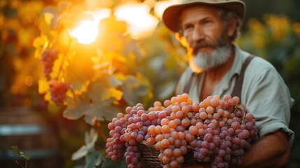 Cheerful bearded male farmer in glasses and hat smiling and inspecting bunch of fresh grapes