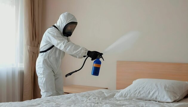 Faceless pest control worker in a protective suit sprays insect poison in bedroom created with generative ai