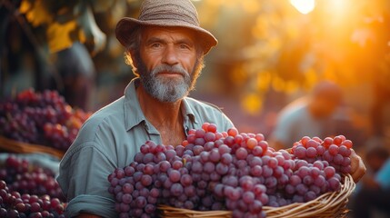 Cheerful bearded male farmer in glasses and hat smiling and inspecting bunch of fresh grapes