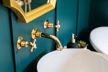 Brass Faucet and White Sink Against Emerald Green Wall