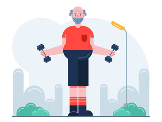 Old man lifting dumbbells while workout. Senior citizen vector illustration.