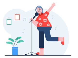 Fototapeta premium Elder woman is singing. Senior citizen vector illustration.