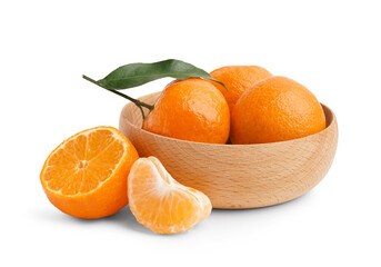 Wooden bowl with sweet tangerines and leaf on white background