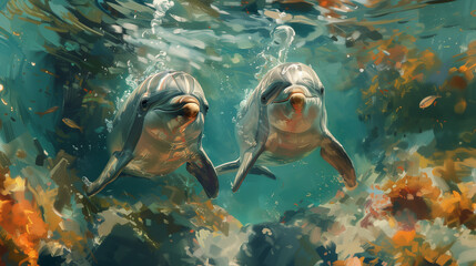 Dolphins in the sea, artwork, oil on canvas