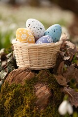 Colorful Easter Eggs in Basket on Spring Background