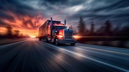 Commercial truck driving at dawn, glowing headlights cutting through winter's chill, symbolizing steadfast logistics and freight services