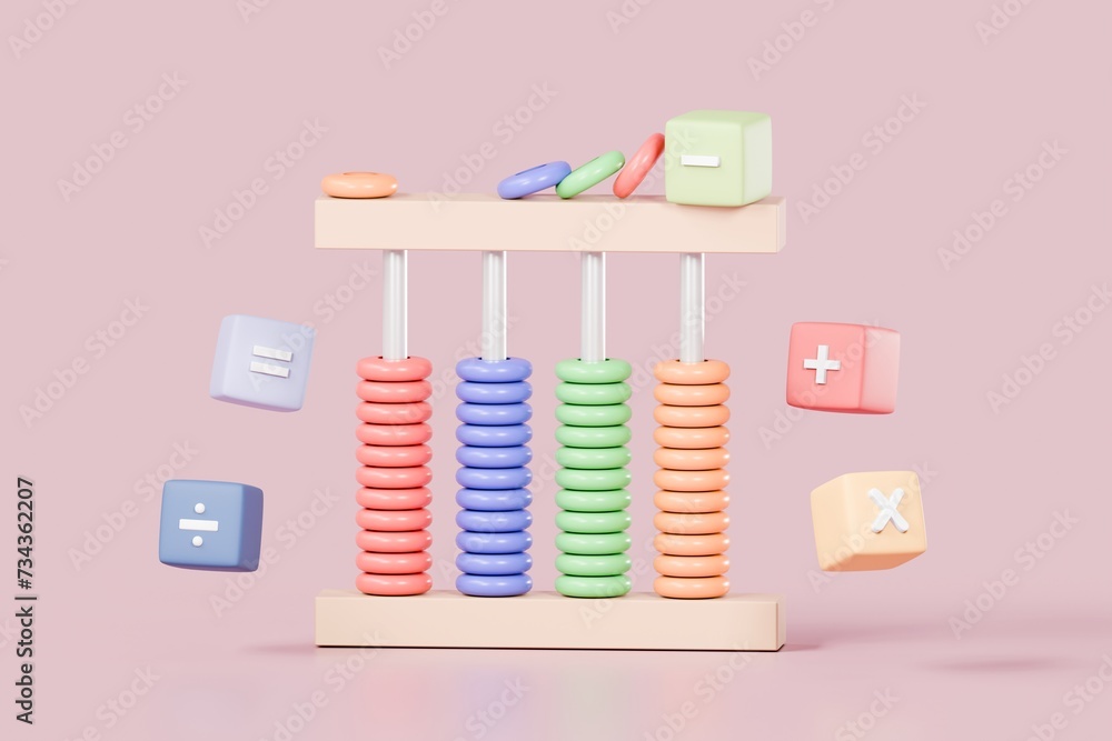 Poster 3d minimal cartoon abacus with mathematic cube icon. arithmetic game learns counting number educatio