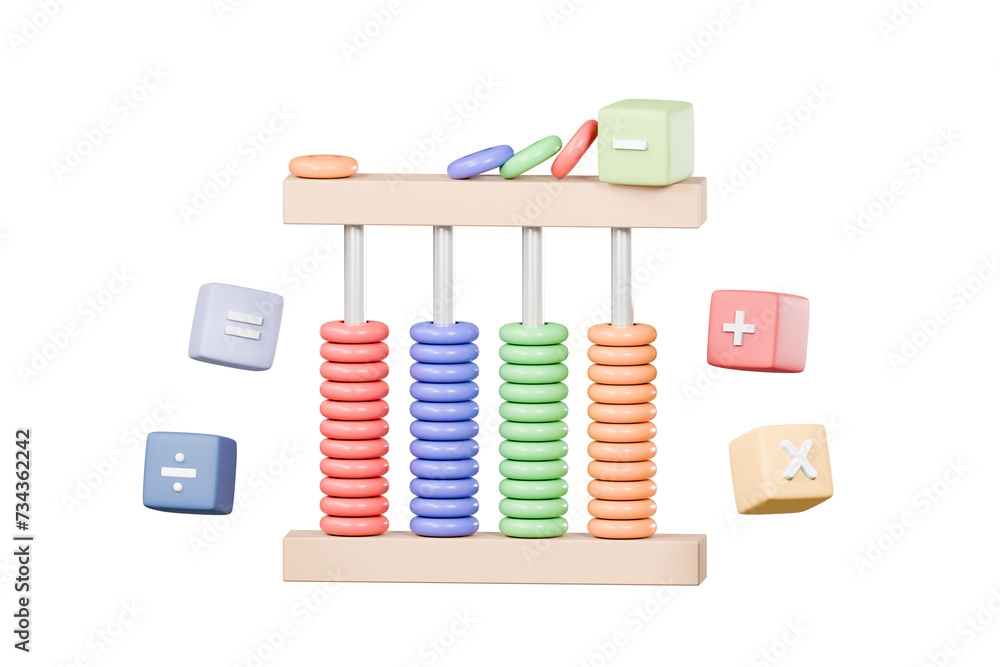 Poster 3d minimal cartoon abacus with mathematic cube icon. arithmetic game learns counting number educatio