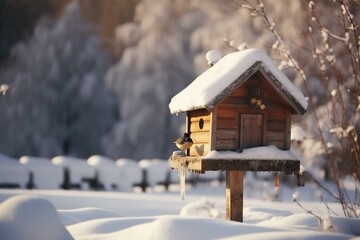 Scenic winter view with finch birds in snowy birdhouse. Generative AI