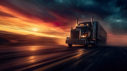 Transportation logistics at golden hour with semi-truck on highway, fast delivery, commercial freight, road travel, industry, sunset, dynamic.