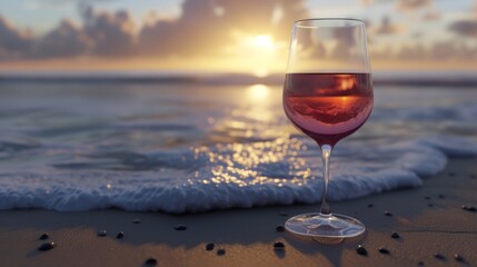 wine glass, beach background generative ai - obrazy, fototapety, plakaty