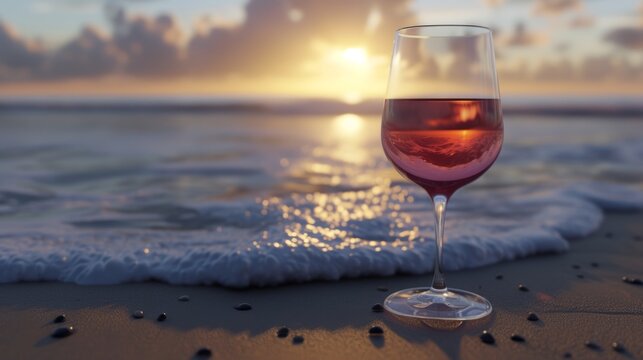 wine glass, beach background generative ai