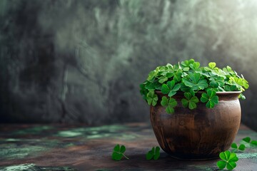 A pot of lush green clover placed on a surface with a blurred greenery background