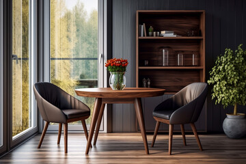 Fototapeta na wymiar Modern summer house sitting and dining area with leather upholstered dining chairs a round wooden table and display shelves set against a panelled wall interior room design mockup