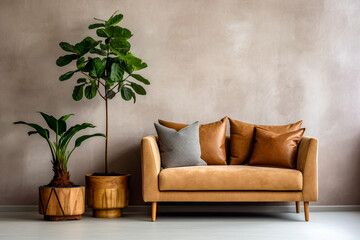 Upholstered sofa loveseat leather cushions and potted plants to the side set against a pale grey textured wall contempory interior sitting room design mock up