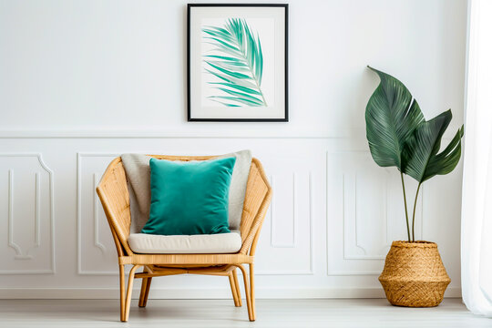 Padded Wicker chair with blue cushion beside a potted floor plant in Wicker pot set against a white half panelled wall with framed floral wall art mock up of interior room design
