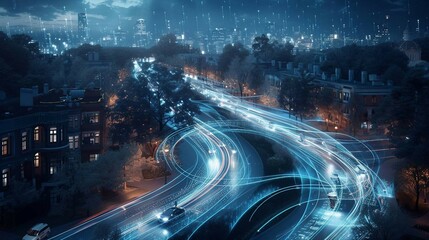 Obraz premium Fiber Optic Lines Weaving Seamlessly Through Cityscape, Symbolizing High-Speed Internet and Communication Network . 