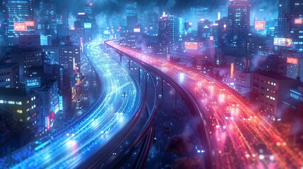 Fototapeta premium Fiber Optic Lines Weaving Seamlessly Through Cityscape, Symbolizing High-Speed Internet and Communication Network . 