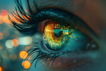 An extreme close-up of a human eye, capturing the detailed reflection of vibrant city lights within the iris.