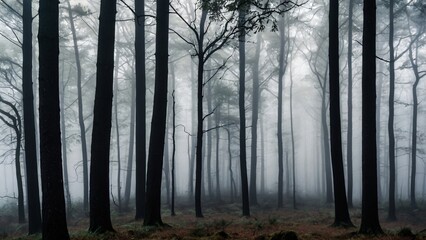 Foggy forest, dark photo