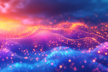 A mesmerizing abstract image of a digital particle wave, creating a dynamic flow of glowing dots...