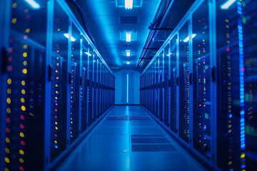 Fototapeta premium Big data concept, Interior of a modern data center with rows of high powered servers and blue LED lights, showcasing high-speed data processing and cloud storage capabilities.