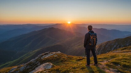 Person standing on the mountain peak during sunset