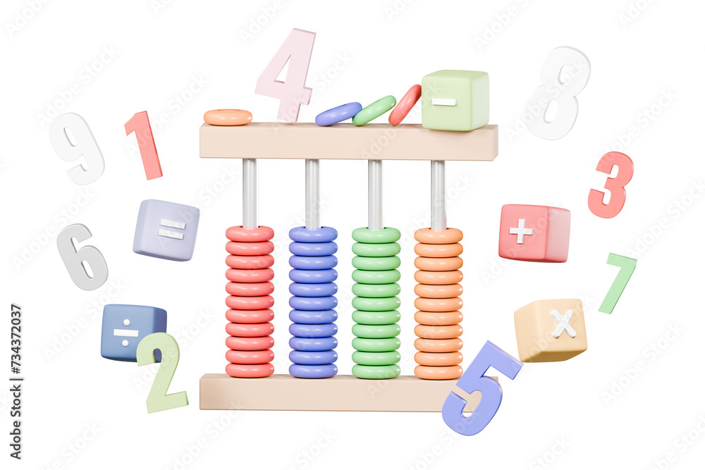 Poster 3d minimal cartoon abacus with mathematic cube icon. arithmetic game learns counting number educatio