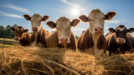 animals cows eating hay - obrazy, fototapety, plakaty