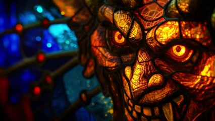 Stained glass window of a diabolical cathedral with the image of the demon Satan on the colored glass tesserae - Satanic cult to the malevolent Lucifer - Powered by Adobe