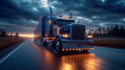 commercial blue truck powers through stormy weather, embodying Truck Transportation logistics with its sturdy build, reliable freight services, and dedicated truck transportation logistics