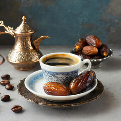 Welcome Ramadan Kareem concept with copper coffee pot, Turkish coffee, coffee beans and date fruits with vintage textured background