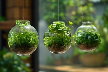 A photo showcasing three glass vases suspended from strings, each filled with various plants growing on metal and glass spheres.