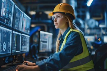 Female engineer works in the control post of a power plant, monitoring the safety of the plant.