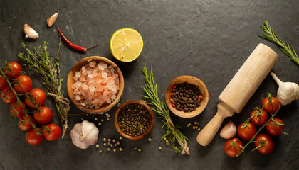 Fresh ingredients for cooking on black background. Top view with copy space