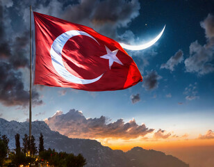 Turkish flag waving in the wind on a hill surrounded by mountains, accompanied by a shining crescent in the sky at sunrise