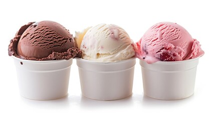 Neapolitan ice cream scoops in white cups of chocolate, strawberry, and vanilla flavours isolated on white background