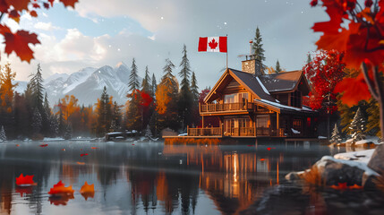 Autumnal Canadian landscape with a cabin, lake reflections, red maple leaves, and snowflakes. - obrazy, fototapety, plakaty