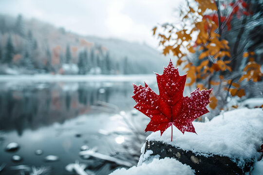 The first snow on a bright red maple leaf, autumnal colors and a tranquil lake behind.