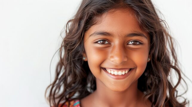 portrait of indian teenager smiling girl over white background